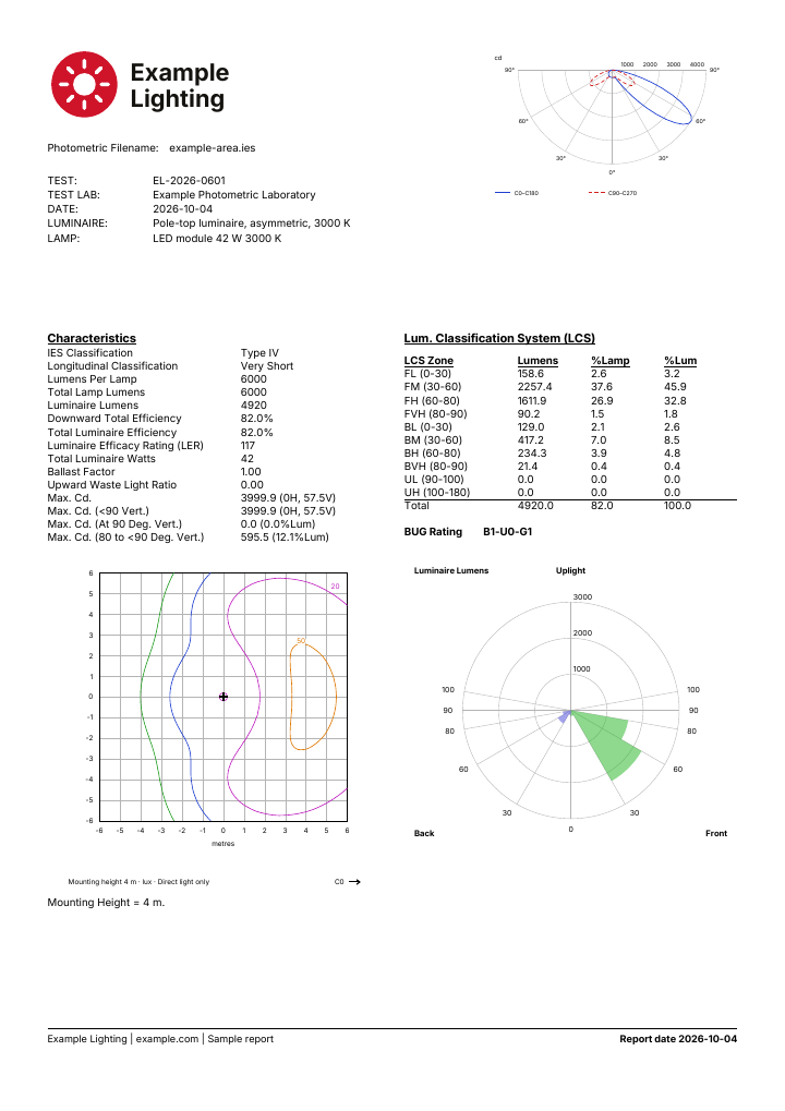 Enterprise report sheet with the Example Lighting sample logo, a custom footer and no IESDesk credit